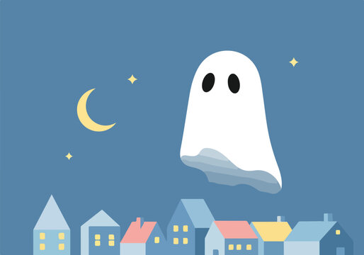 A ghost floats over a row of houses under a crescent moon