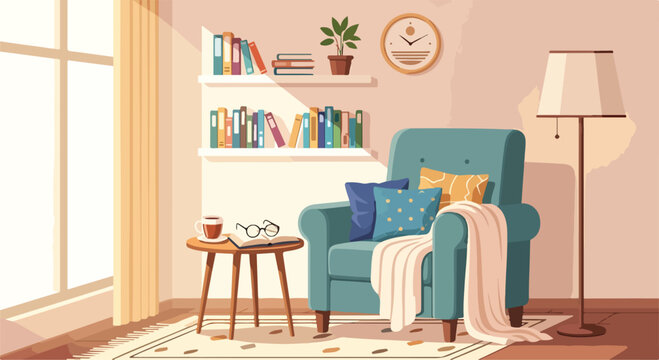 A cozy reading nook with a teal armchair and floor lamp