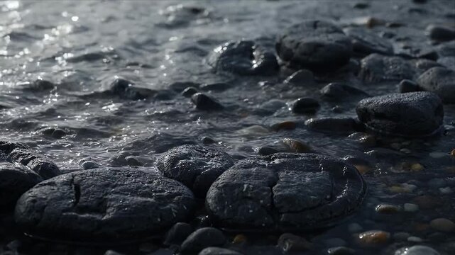 Nature Wet stone black stone riverbed water pebble rock nature texture macro splash calm shoreline detail, wet pebble river rock smooth rock water surface macro nature closeup texture, wet black