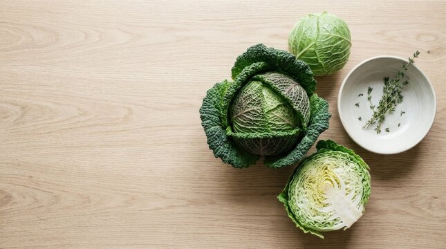Three cabbages rest on a light wooden table. A small bowl contains a pinch of thyme.