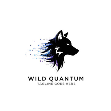 Futuristic wolf logo design incorporating digital particle effects to represent speed, technology, and quantum innovation.