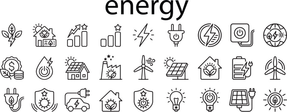 Green Energy and Sustainable Power Line Icons Set Featuring Solar Panels Wind Turbines Electric Vehicles Eco Friendly Technology Battery Storage and Smart Home Automation Elements