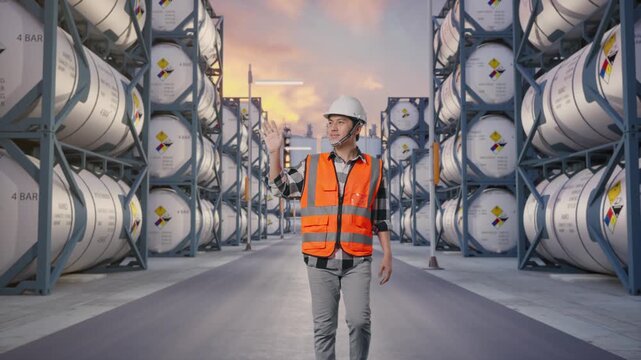 Front View of Asian Male Engineer Waving Hand Saying Bye While Walking with Chemical Tanks