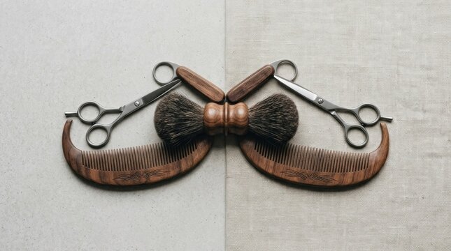 A pair of vintage barber scissors rests on a wooden stand, framing a decorative mustache made of wood and a bristled brush. The scissors are silver and have a classic design.