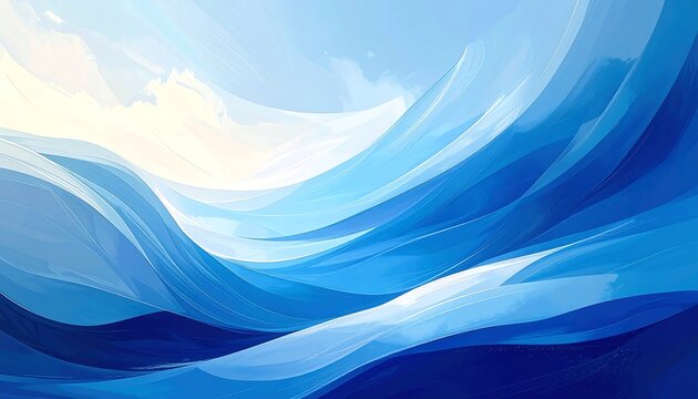 Abstract artwork depicting flowing blue and white wave-like forms with a soft, bright, light source