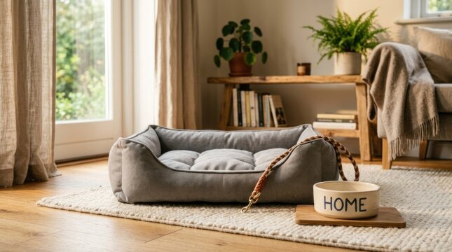A gray dog bed sits on a light wood floor in a bright, airy room. A ceramic bowl with the word "HOME" written on it rests on a wooden side table next to a bookshelf.
