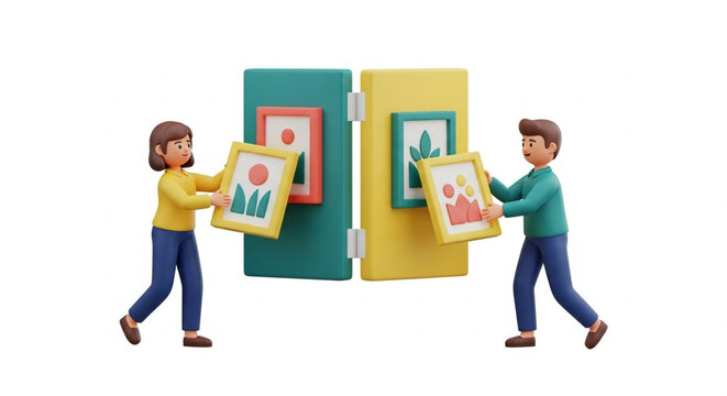 Two people carrying colorful open folders with artwork samples.