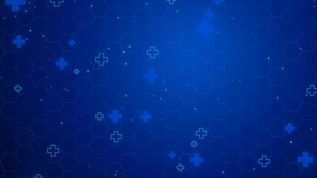 Blue medical healthcare background animation featuring floating cross symbols, glowing particles, and a subtle hexagon grid pattern, perfect for science and technology presentation