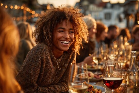 woman enjoying dinner party with friends outdoors
