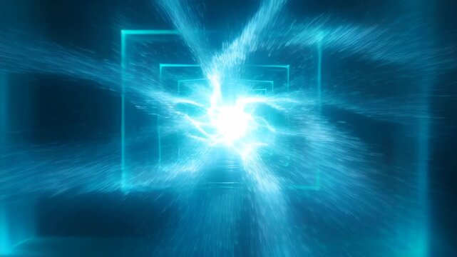Abstract digital background with glowing blue light burst and radiant energy motion, futuristic cyan square tunnel, dark space, particle trail, depth, and motion for SEO search