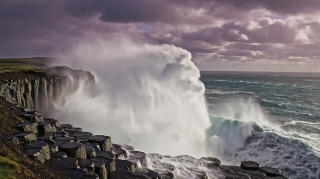 Epic ocean wave crashing against basalt columns on a rocky coastline under a dramatic cloudy sky