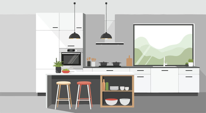 A modern kitchen with white cabinets and island