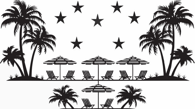 Tropical beach vector illustration with palm trees, lounge chairs, and umbrellas under starry night sky, a serene and peaceful vacation scene on transparent background.