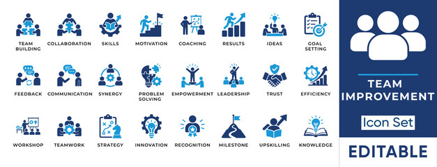 Team improvement and leadership development solid icon set. Includes symbols for Team Synergy, Upskilling, and Problem Solving. Vector icons for HR training workshops and corporate strategy. © MS -Studio