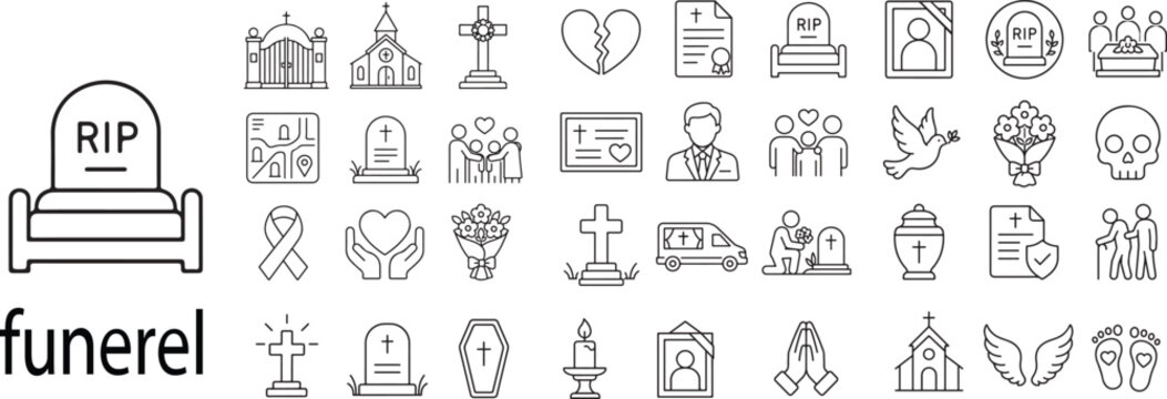 Funeral and Mourning Line Icons Set Featuring Cemetery Gravestones Coffins Memorial Services Church Rituals Urns Flowers and Bereavement Elements