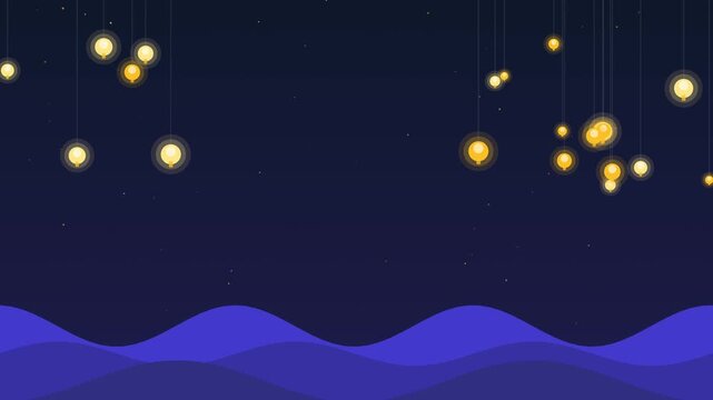 Magical night background animation with glowing warm light bulbs hanging over gentle purple hills and a starry dark blue sky with subtle copy space.