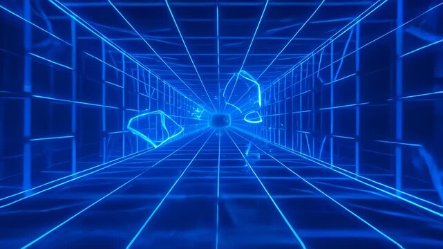 Digital abstract background blue futuristic tunnel perspective glowing grid light neon corridor motion technology data path cyber space depth and wireframe virtual space with geometric line corridor