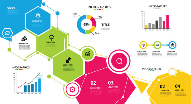 Modern business infographic template vector with hexagon layout charts graphs data visualization and process flow elements for presentation