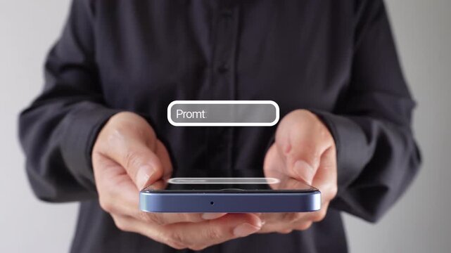 Female corporate leader holding her cell phone with an animation of a field to write a prompt for artificial intelligence