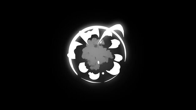 Smoke blast energy explosion effect, computer generated vortex like explosion with glowing sparks and white smoke, explosive smoke flash fx animation motion graphics with green screen background. 4k