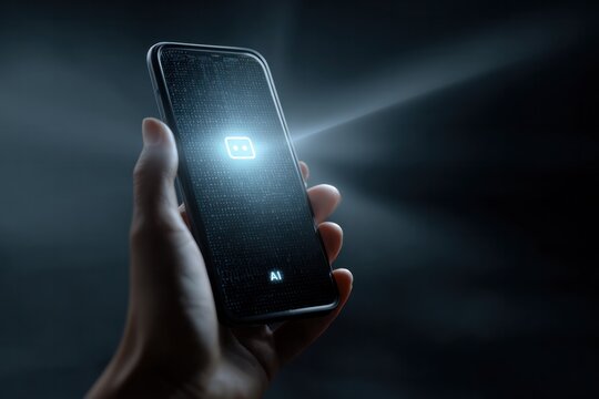 hand holding smartphone with ai interface