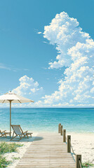 Fototapeta premium Tropical beach with turquoise ocean and dramatic summer clouds,夏の海辺と青空に広がる巨大な積乱雲
