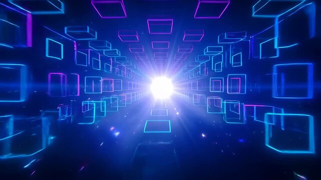 Digital abstract background with neon cube tunnel, glowing light and futuristic blue depth, abstract background neon tunnel of glowing square frame in blue and magenta light, bright center motion