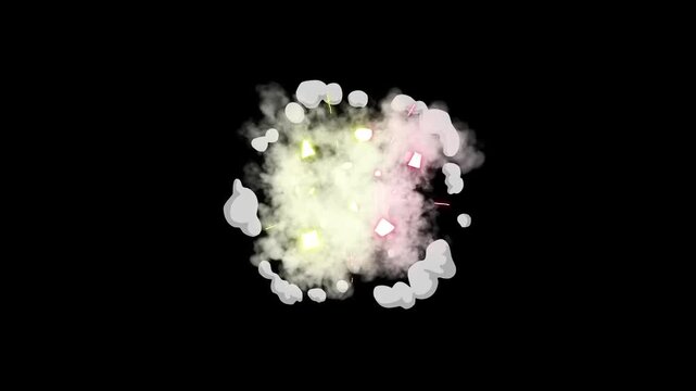 White color smoke explosion flash fx effect and divergent wave isolated on black screen background. there is an alpha matte channel, smoke flash fx animation motion graphics, magic smoke explosion. 4k