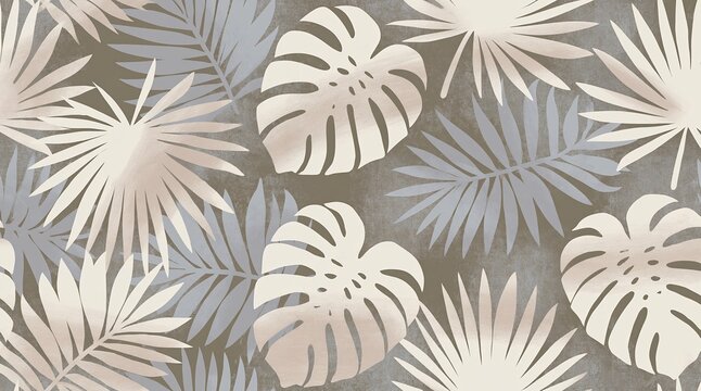 Tropical leaf pattern background with white monstera and palms