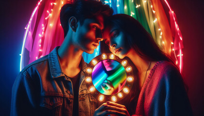Fototapeta premium Couple LGBT Man Woman iluminated by rainbow colors pride