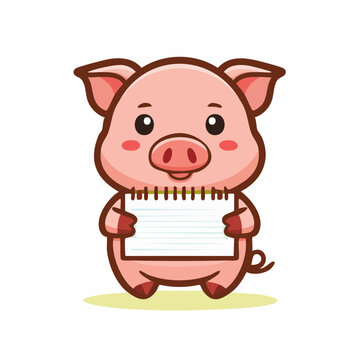 Cute cartoon pig holding a blank notepad