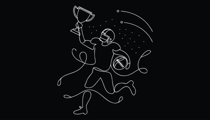 Naklejka premium American football player celebrating victory holding trophy on black background