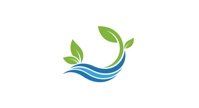 Abstract nature logo with green leaves and blue waves