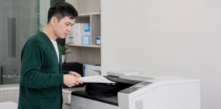 Generative AI, Asian man using a copy machine in a bright office
