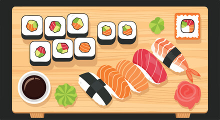 A wooden sushi board with various sushi pieces © Mulyadi