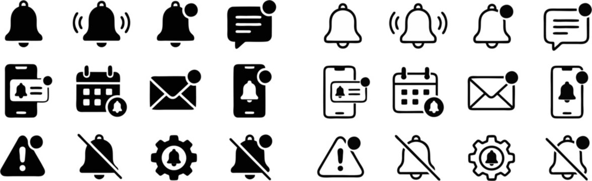 Notification and Alert Icons Collection, Bell Reminder Symbols, Message and Mobile Notification Set