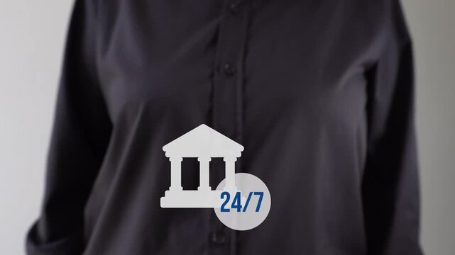 Businessperson pointing towards an animated bank icon with a button that says 24/7. Cash availability 24 hours a day, 7 days a week.