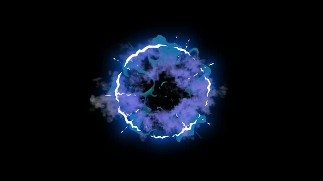 Explosive flash blue smoke blast effect, computer generated vortex like explosion with glowing sparks and blue smoke, smoke flash fx animation motion graphics with black screen background. 4k