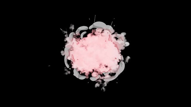 Explosive smoke blast effect for intro video on black screen background, smoke flash fx animation motion graphics, cartoon style white smoke explosion, smoke splash blast boom explode shiny explosion.