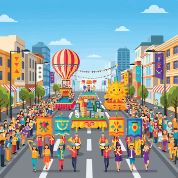 A vibrant city street festival with a parade and a hot air balloon