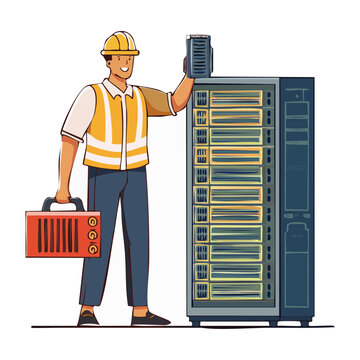 IT technician working on server rack with toolbox