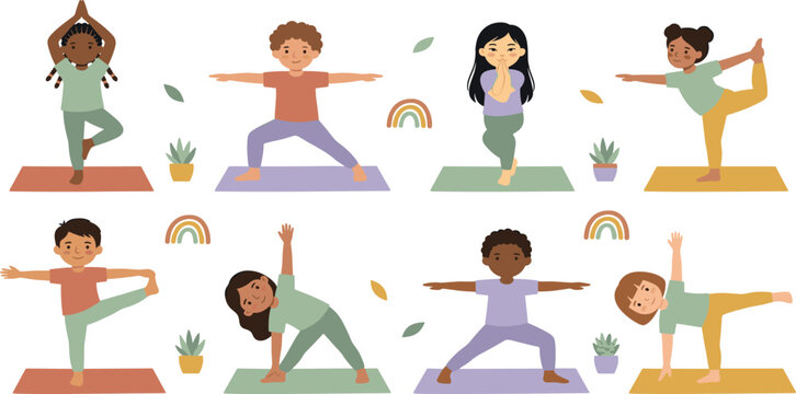 Diverse cartoon children practicing yoga poses and stretching on mats vector illustration flat collection