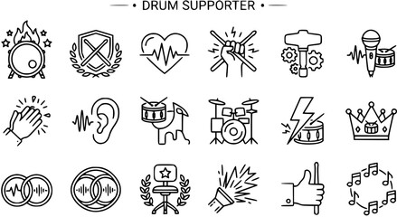 Fototapeta premium Music Drumming Related Line Art Icons Set - Drum Supporter Outline Vector Collection