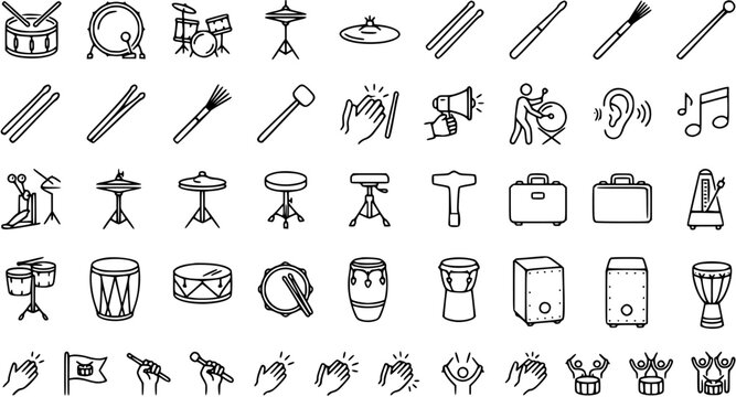 Black and White Line Art Icons of Musical Instruments and Drumming Accessories for Music Industry
