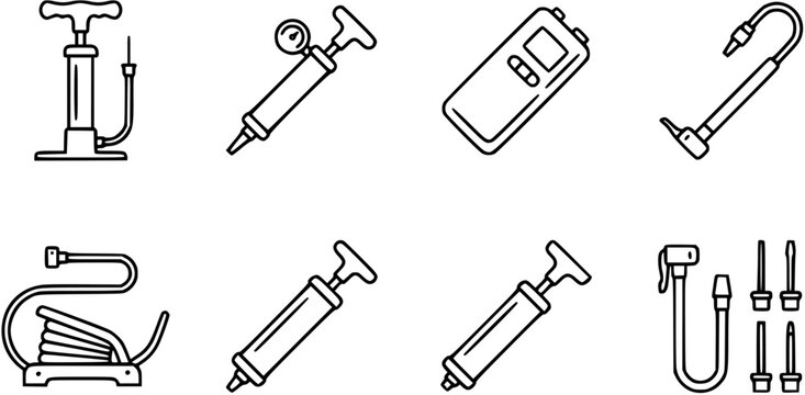 Set of black and white line art icons representing various bicycle and tire pumps, gauges, and accessories.