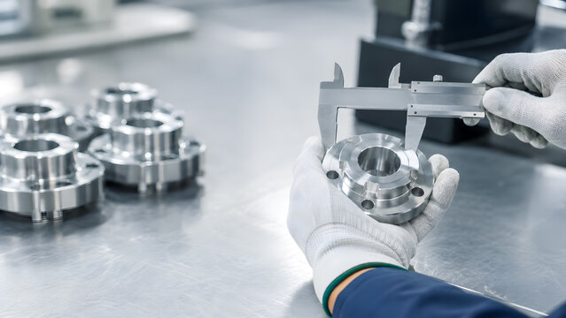 Precision Metal Part Measurement with Caliper in Factory