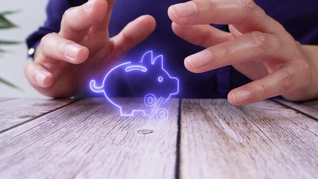 Savings with interest and profitability. Close-up of a pair of hands on a table, protecting a virtual piggy bank icon with a percentage sign.