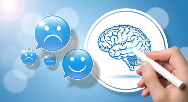 Hand Holding Blue Brain Smile and Frown Icons