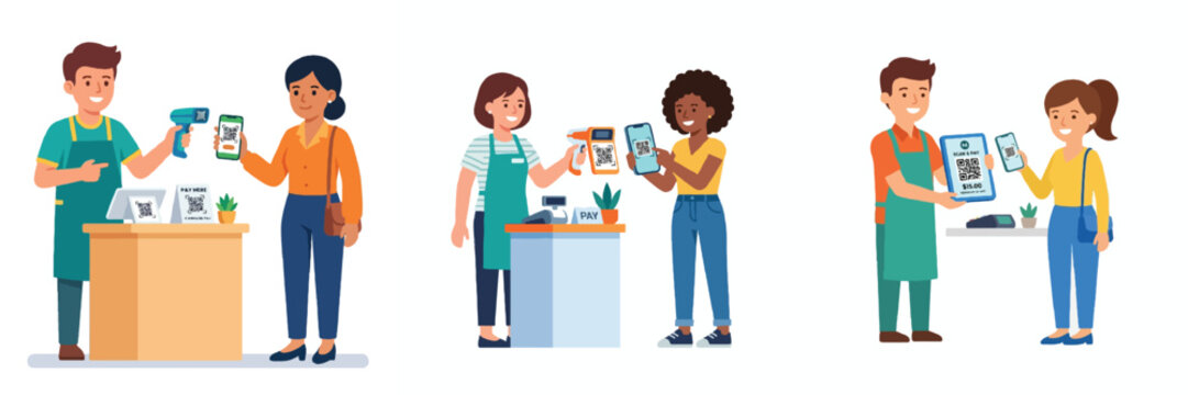 A merchant showing a QR code scanner to a customer for a cashless transaction, flat design, simple minimalist, no outline, modern bright colors, plain white background.
