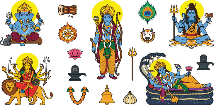 Hindu gods and goddesses vector flat icon set with Ganesha Shiva Vishnu Rama Durga deities